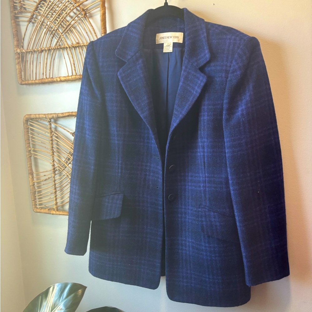 Jones New York | Vintage 90’s Blue Plaid Blazer | Wool | Size 10